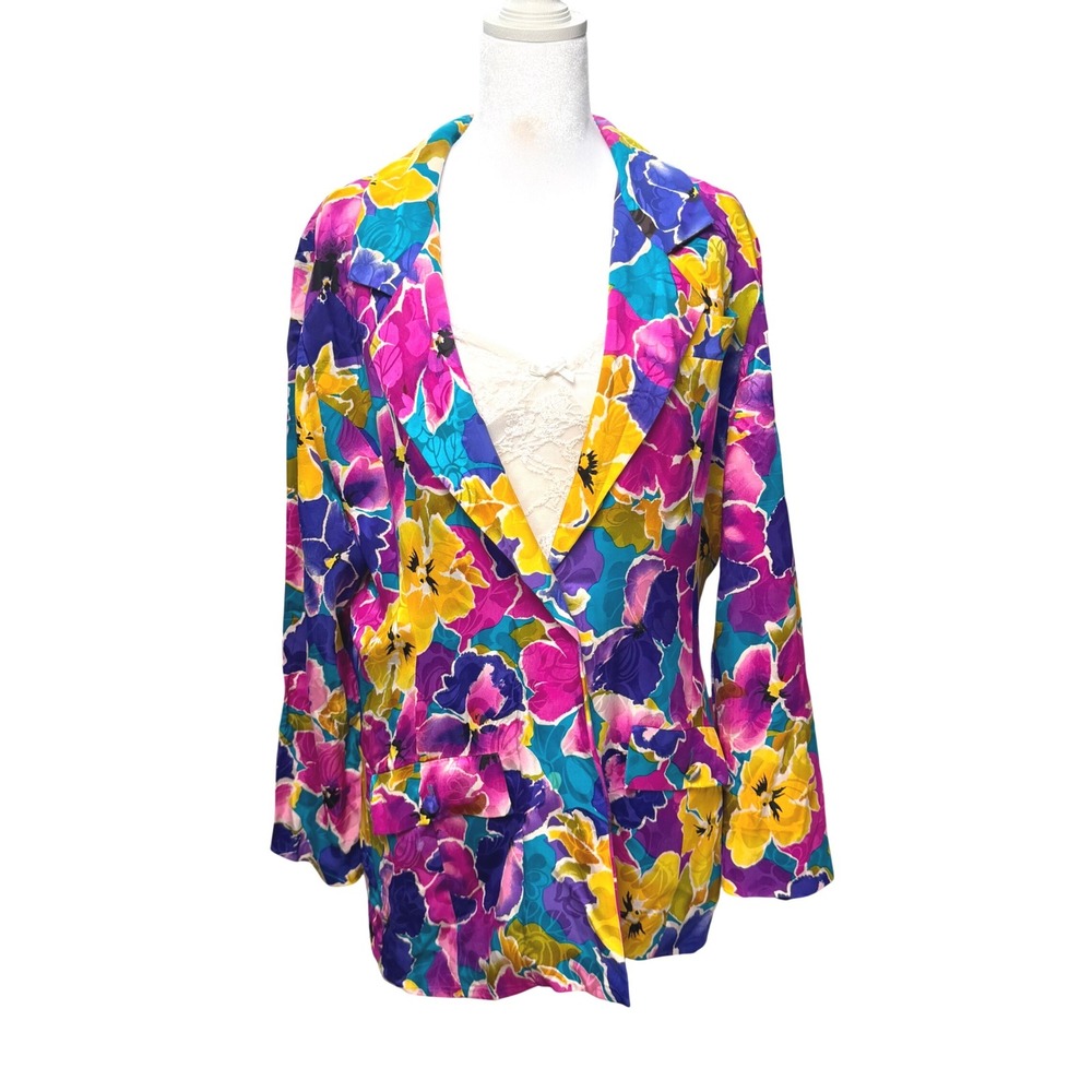 Vintage 100% Silk Floral Blazer Medium Multi Color Dopamine 90s Jacket Office